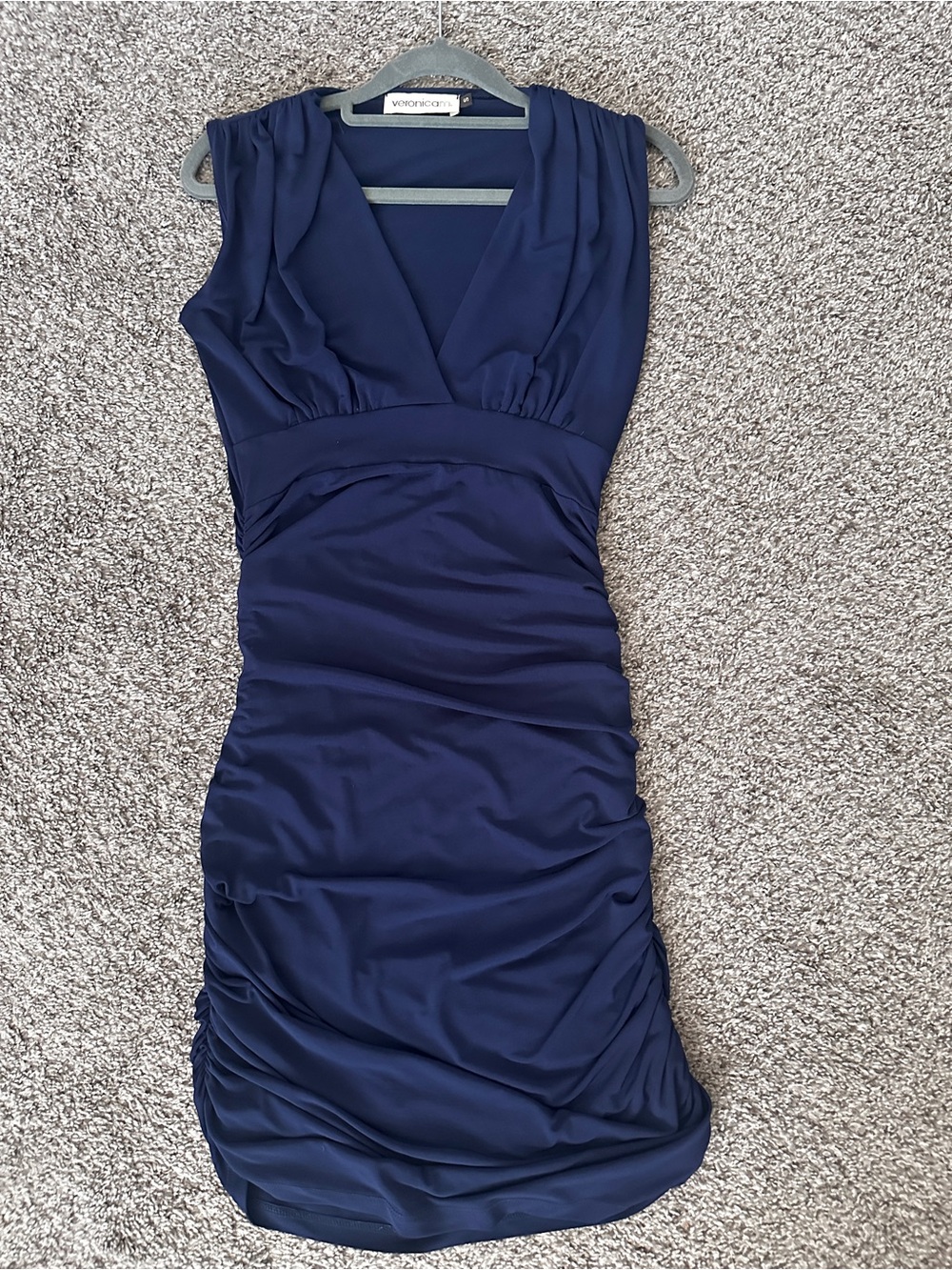 Veronica M Navy Ruched Sheath Dress Sleeveless V-Neck Career Cocktail Size Small